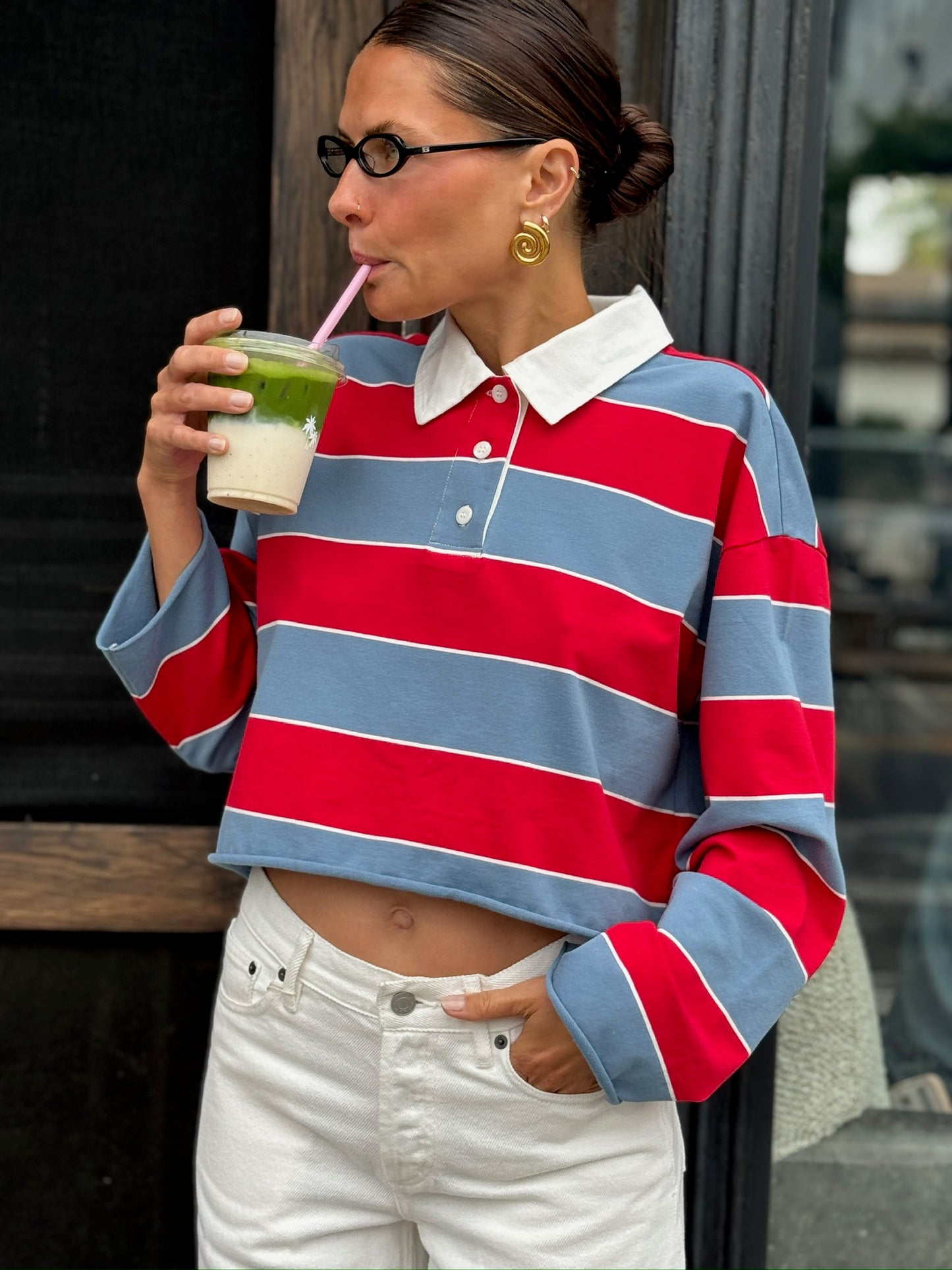 RE/DONE Cut Off Rugby Polo, Red & Blue