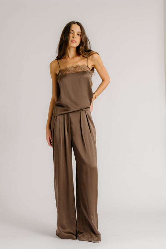 Sablyn, Haya Silk Cami, Lace Trim, Swiss Brown
