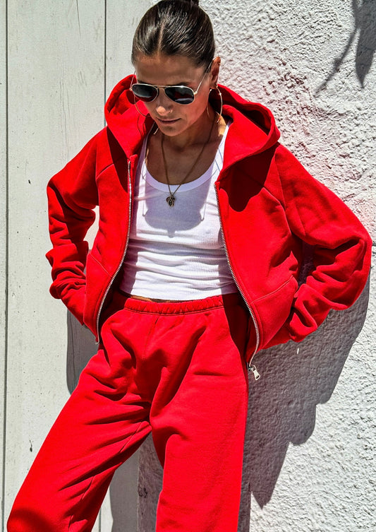 Cotton Shrunken Zip Up Hoodie | Red