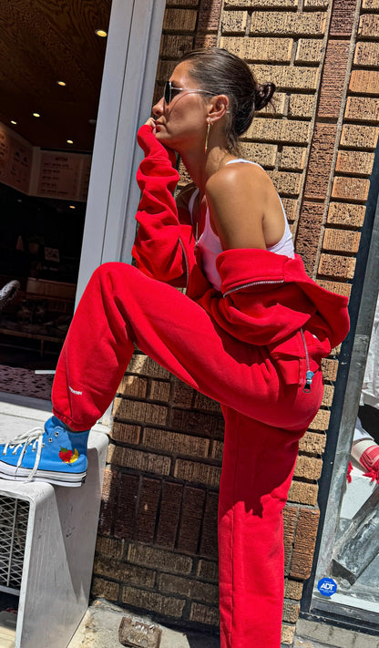 Cotton Shrunken Zip Up Hoodie | Red