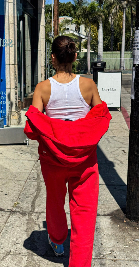 Cotton Shrunken Zip Up Hoodie | Red