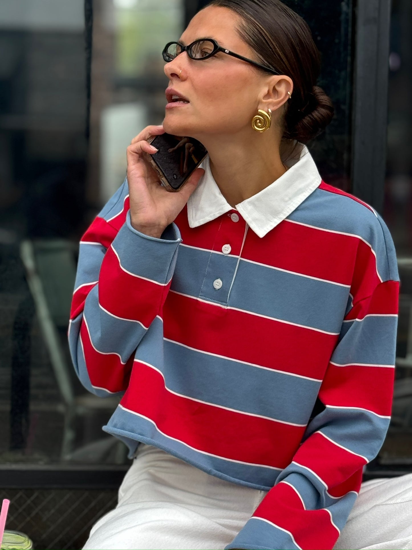 RE/DONE Cut Off Rugby Polo, Red & Blue