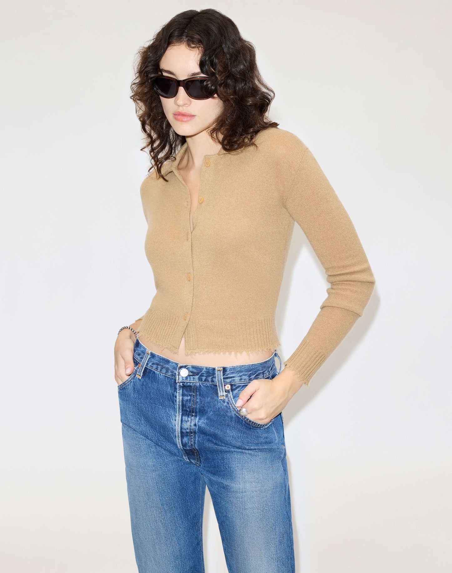 RE/DONE Loose Polo Cardigan, Toffee