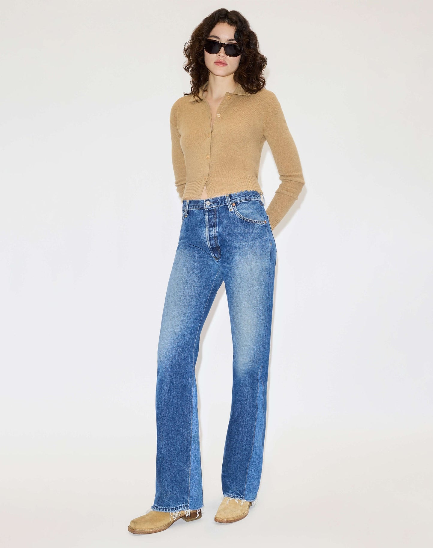 RE/DONE Loose Polo Cardigan, Toffee