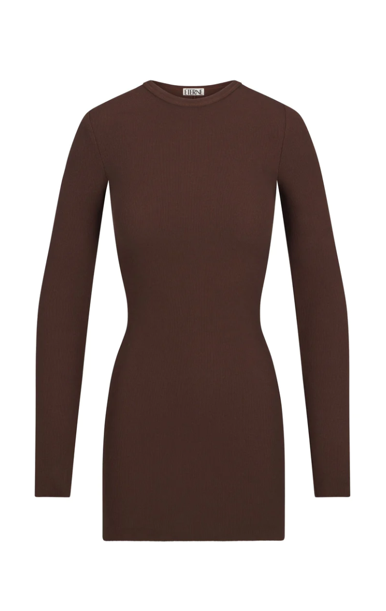 ÉTERNE Long Sleeve Crewneck Dress in Mini Chocolate