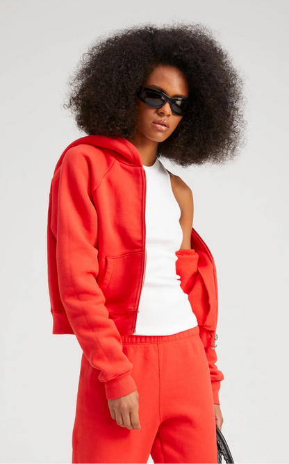 Cotton Shrunken Zip Up Hoodie | Red