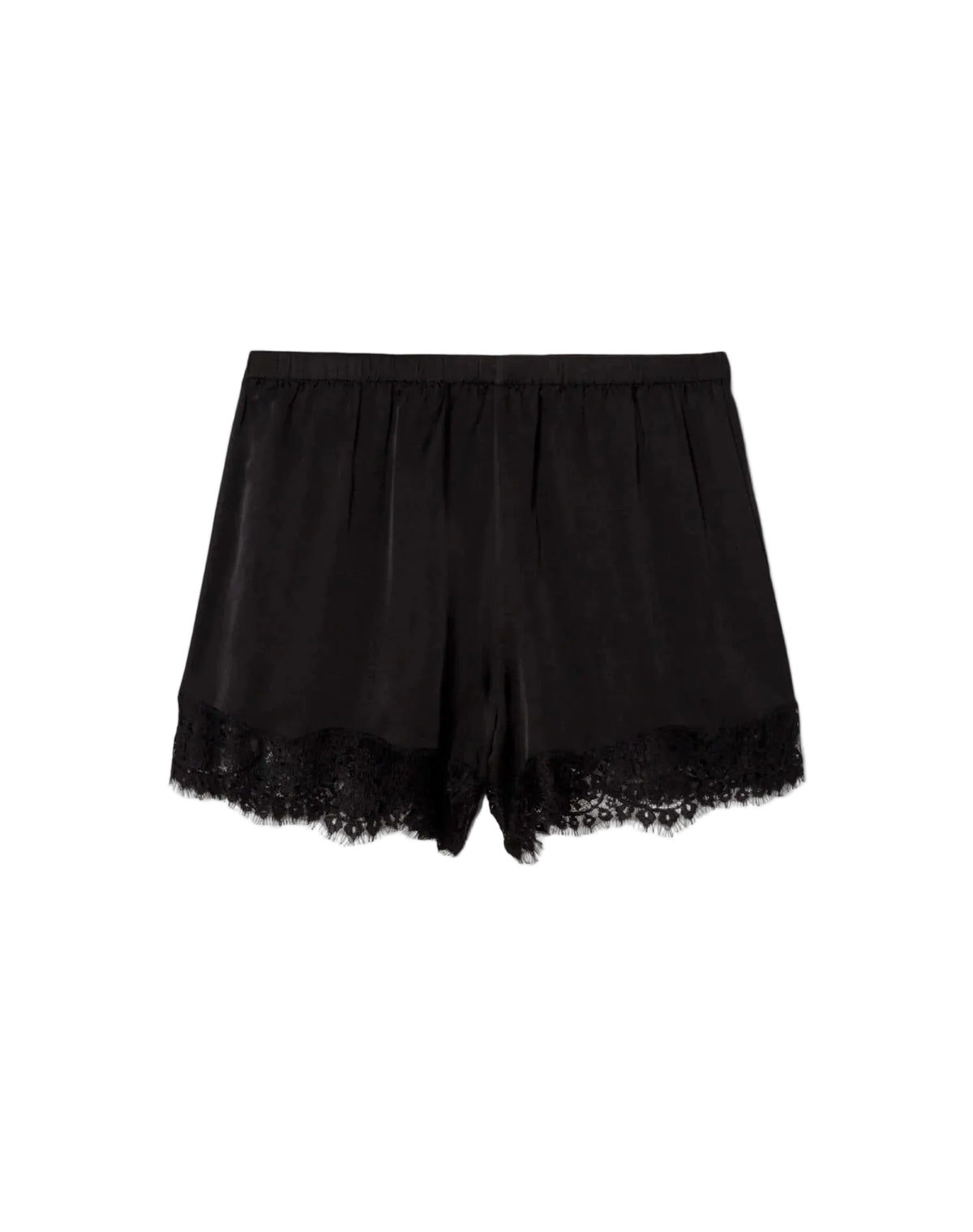 Black lace-trimmed shorts on a white background