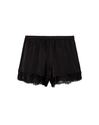 Black lace-trimmed shorts on a white background