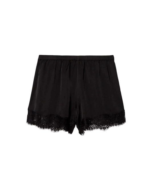 Black lace-trimmed shorts on a white background